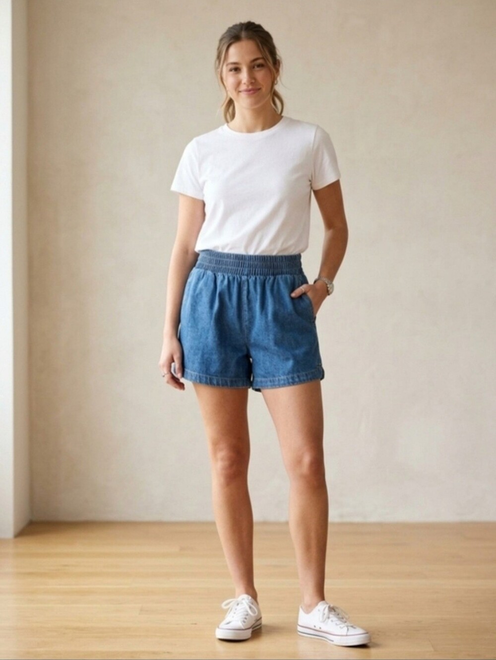 EUC Klesis "High Elastic Waist w/Pockets🤗@Sides/1 on🍑/🐬Hem Denim Shorts" MED